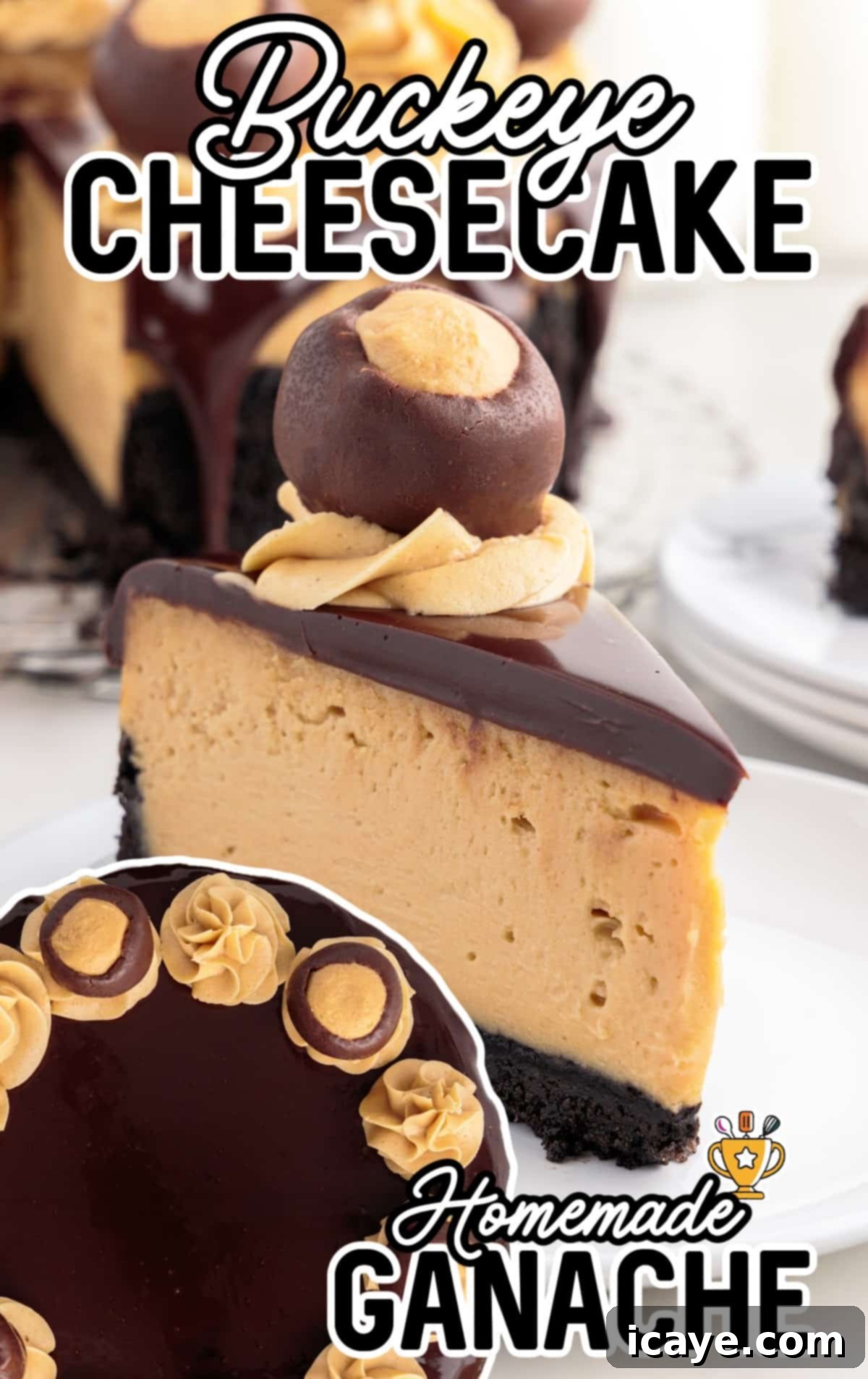 A perfectly sliced piece of Buckeye Cheesecake revealing its distinct layers of Oreo crust, creamy peanut butter cheesecake, and rich chocolate ganache, with a whole decorated cheesecake in the background, garnished with buckeye balls and peanut butter frosting swirls. The dessert is presented on an elegant white platter, emphasizing its appeal and inviting texture.