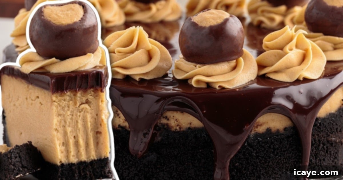 A close-up shot of a single, delectable slice of Buckeye Cheesecake, perfectly cut to reveal its layers: a dark Oreo crust, a thick, creamy peanut butter cheesecake filling, and a glossy chocolate ganache topping. The slice stands proudly in front of the whole, decorated cheesecake, ready to be enjoyed.