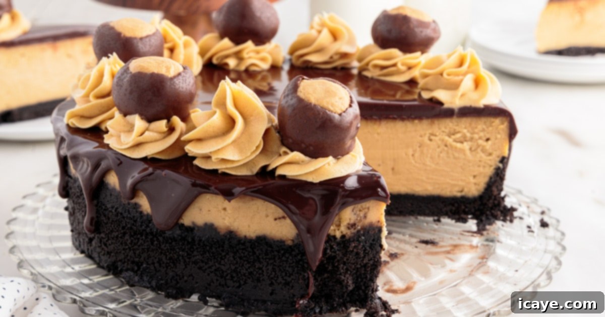 A large Buckeye Cheesecake on a rustic wooden serving platter, with a perfect slice removed to showcase its layered beauty. The remaining cake is expertly decorated with peanut butter frosting swirls and buckeye candies, creating an inviting and complete dessert tableau.
