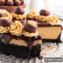 A stunning Buckeye Cheesecake with a perfect slice removed, showcasing its layers and rich toppings, ideal for a recipe card image.