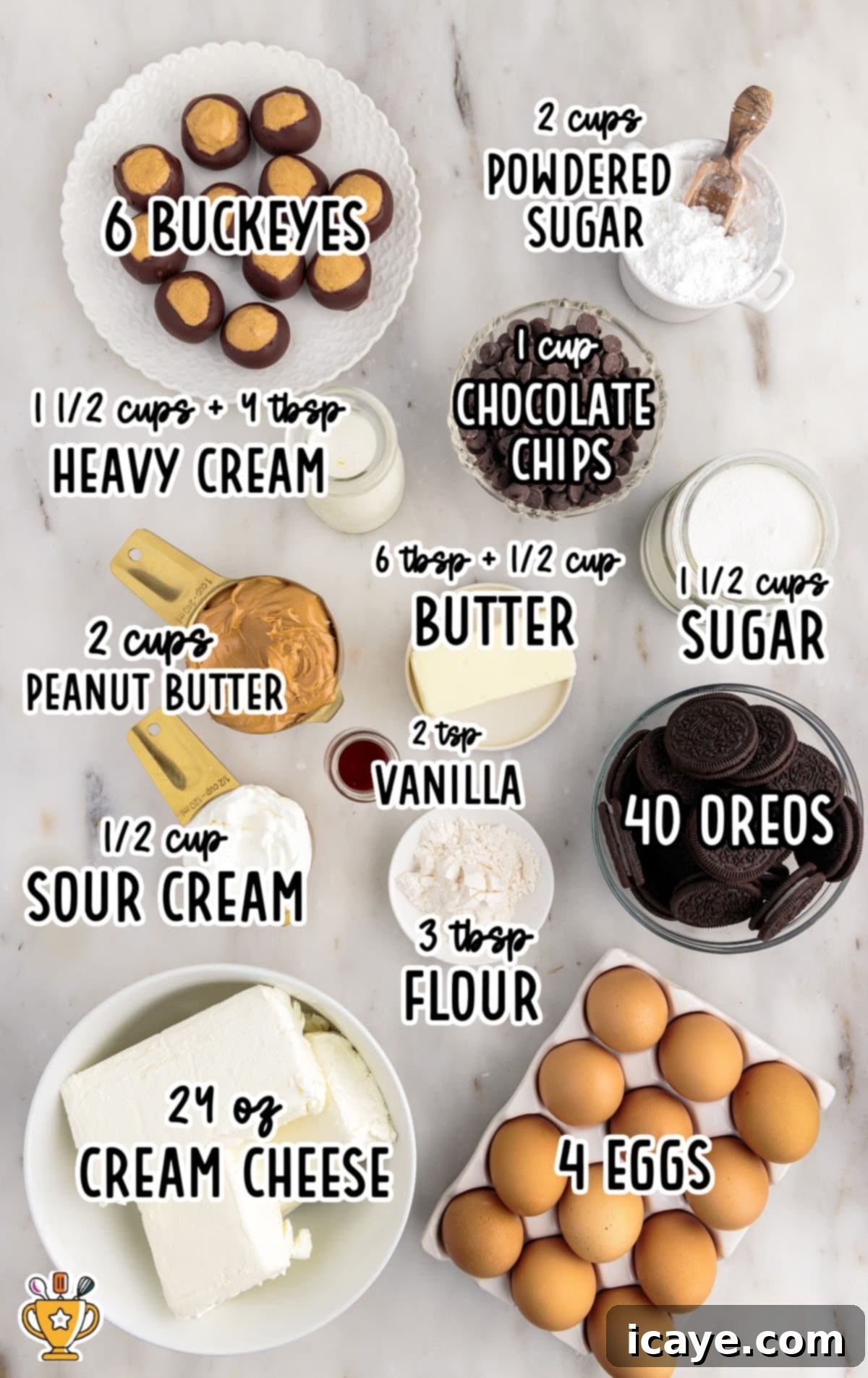 A vibrant flat lay image showcasing all the individual ingredients required for making Buckeye Cheesecake, including Oreo cookies, blocks of cream cheese, jars of peanut butter, bags of sugar and chocolate chips, and fresh eggs, neatly arranged on a rustic wooden surface.