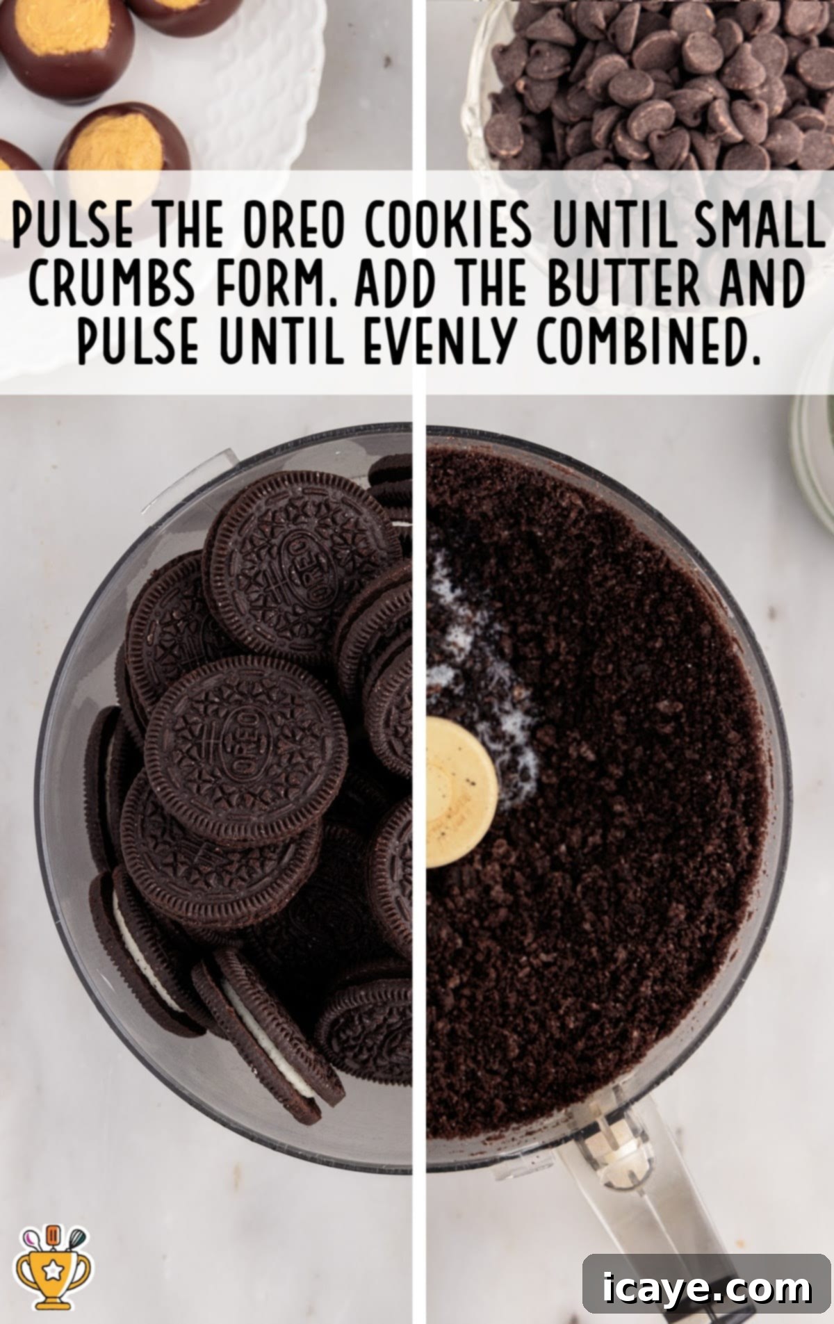 Close-up shot of crushed Oreo cookies blended with melted butter in a food processor, forming a dark, crumbly mixture perfect for a cheesecake crust.