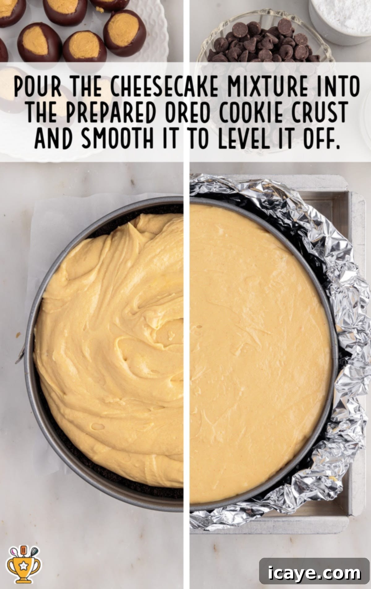 A pristine, unbaked Buckeye Cheesecake in a springform pan with its smooth peanut butter filling settled over the dark Oreo crust, ready for the water bath and oven.