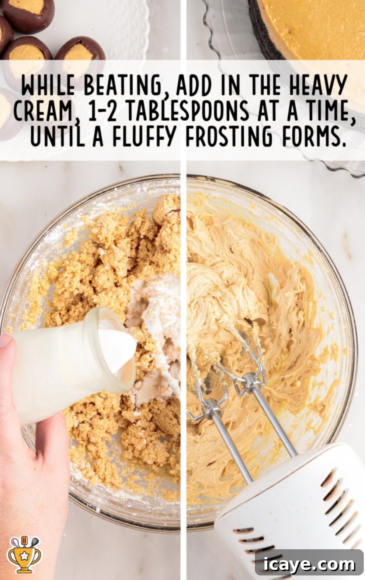 A hand mixer blending heavy cream into a thick, crumbly peanut butter and powdered sugar mixture, transforming it into a smooth, fluffy peanut butter frosting.