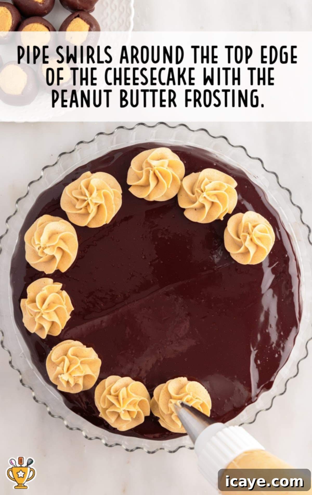 A beautifully decorated Buckeye Cheesecake, with elegant swirls of peanut butter frosting piped around the top edge of the chocolate ganache layer, showcasing the intricate detail of the star tip.