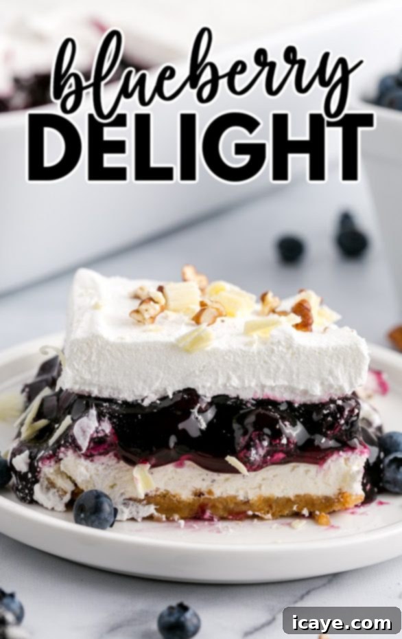 Heavenly Bites Recipes 4 A beautifully layered Blueberry Delight Dessert Recipe, garnished with fresh blueberries.